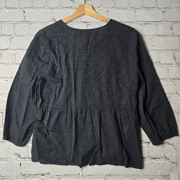 BCBG MaxAzria 100% Cotton Black Textured Polka Dot Lace Up Collar Blouse Large - Picture 8 of 13